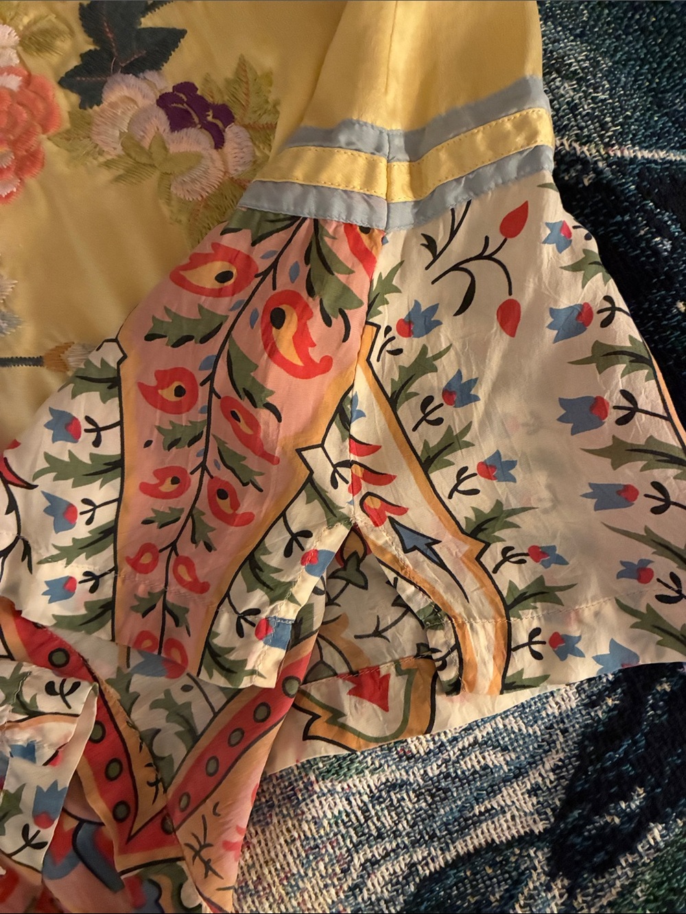 Johnny Was Yellow Satin Floral Embroidered Patchwork Silk Top Large chest 40” - Picture 6 of 9